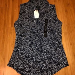 Navy and white polka dot blouse
